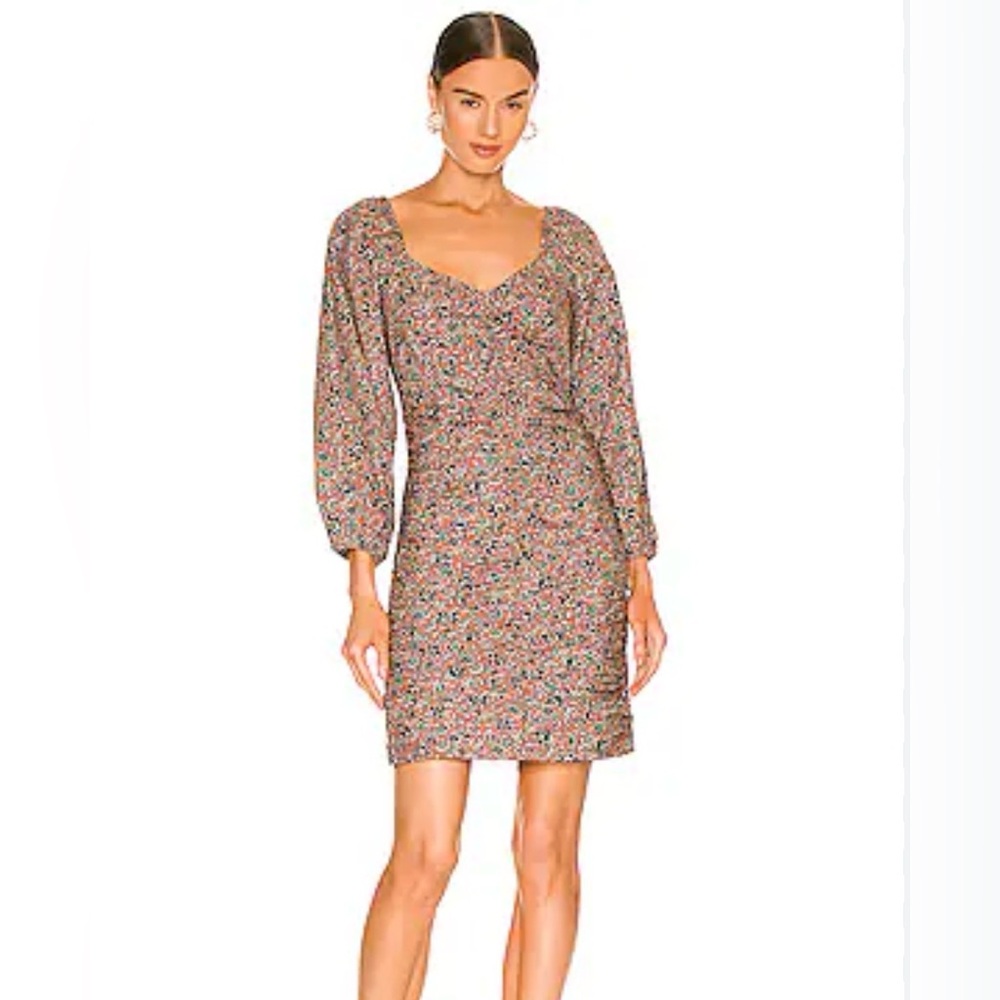Veronica Beard Nada Mini Dress Ruched Puff Sleeve Size 0 Cinnamon Multi